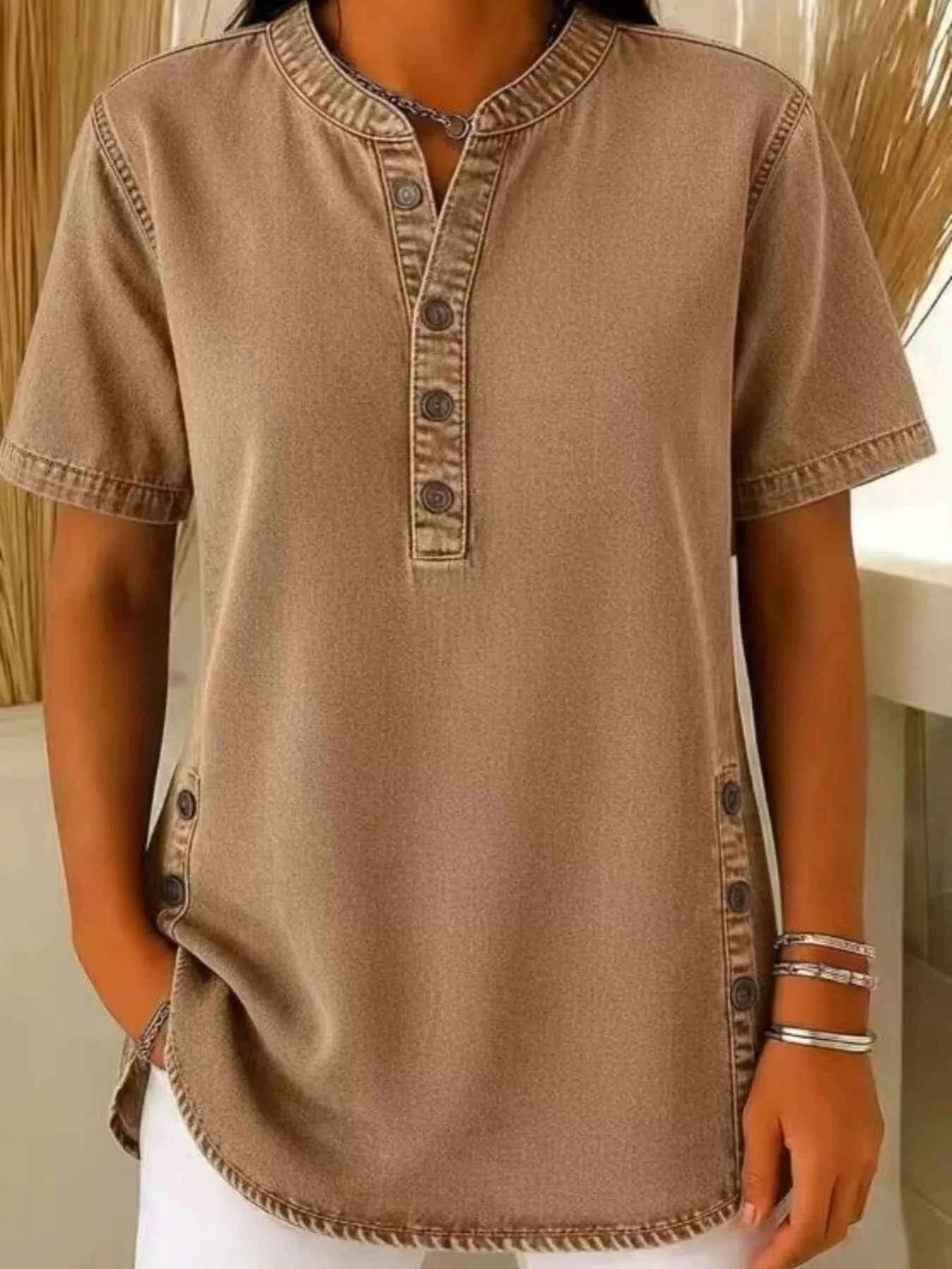 Full Size Button Detail Short Sleeve Blouse Plus Size