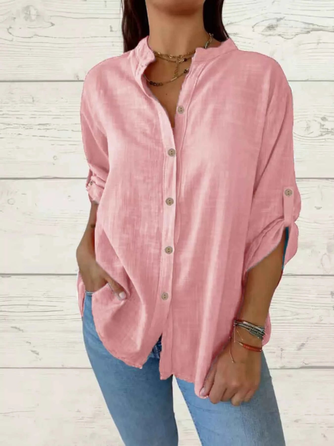Full Size Casual Button-Down Roll-Up Sleeve Shirt Plus Size