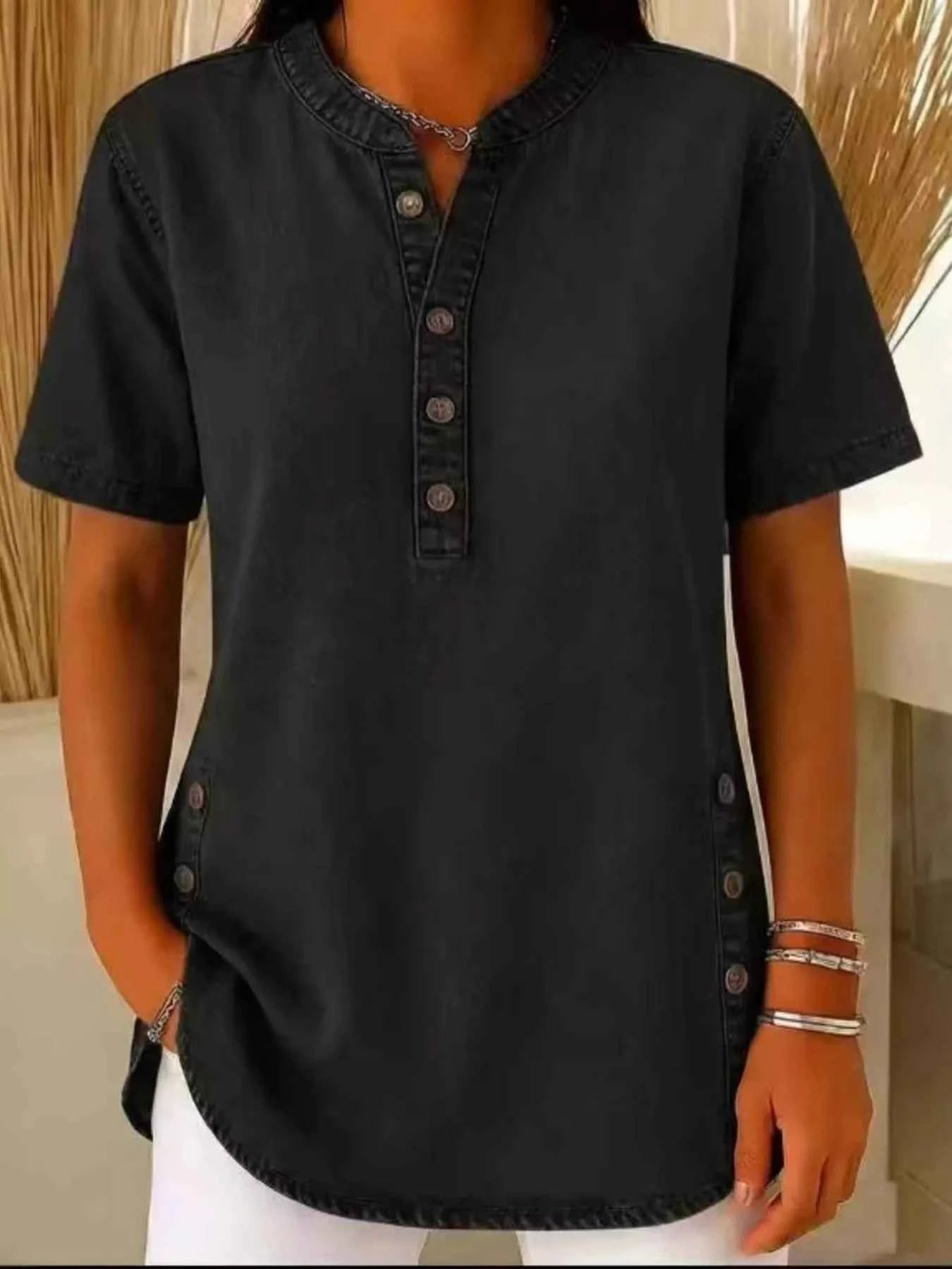 Full Size Button Detail Short Sleeve Blouse Plus Size