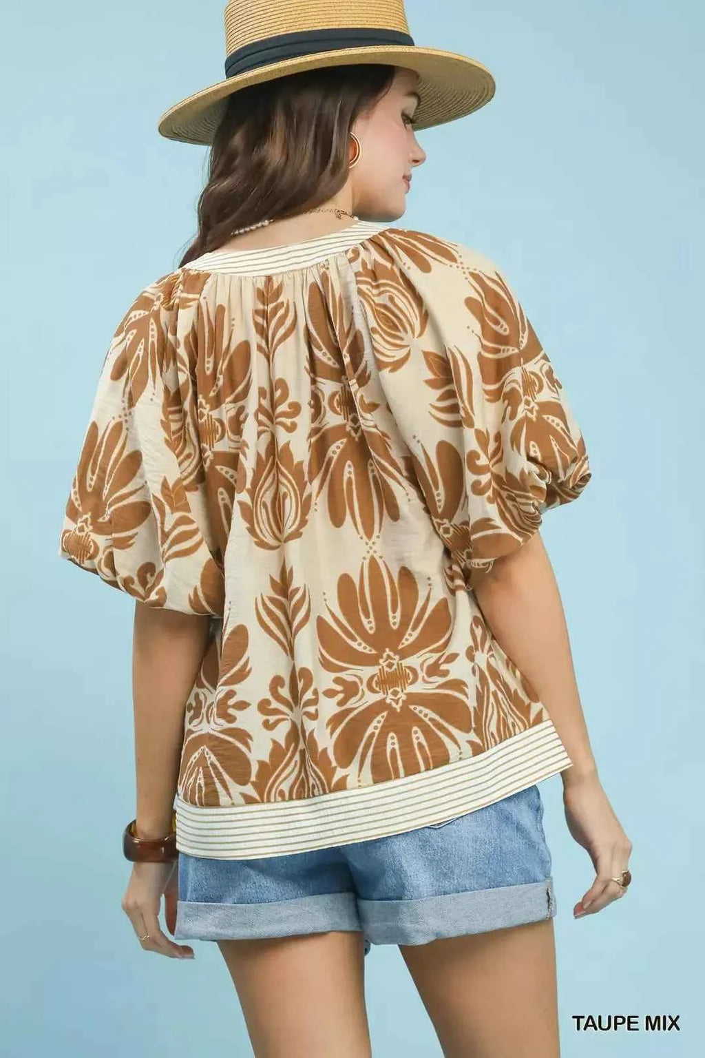 Umgee Mix Printed Puff Sleeve Top with Contrast Trim
