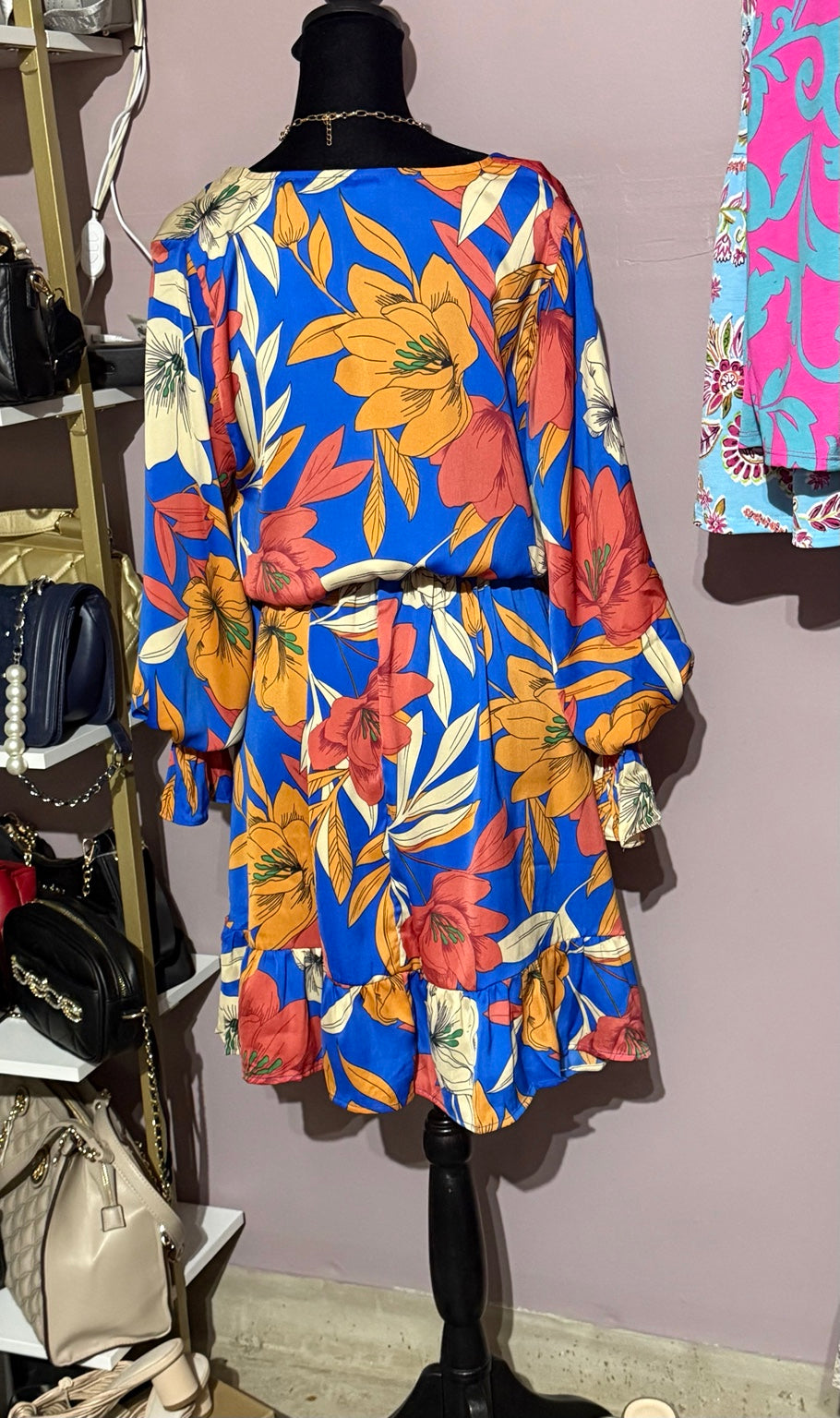 Easel blue tropical floral short dress back view