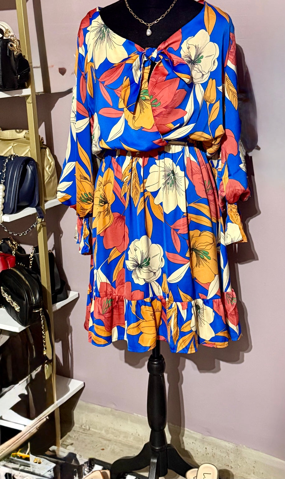Easel blue tropical floral tie-front short dress front view
