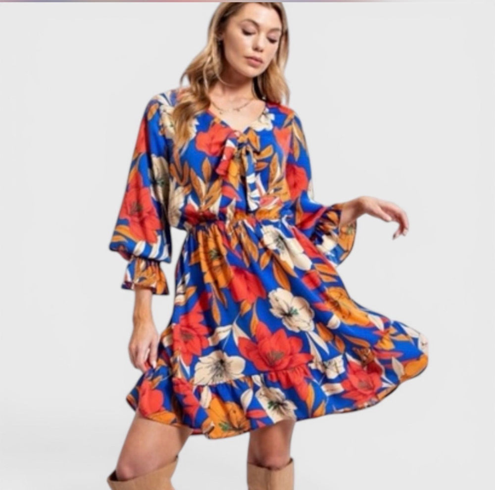 Easel Cobalt Blue Tropical Floral Tie-Front Dress