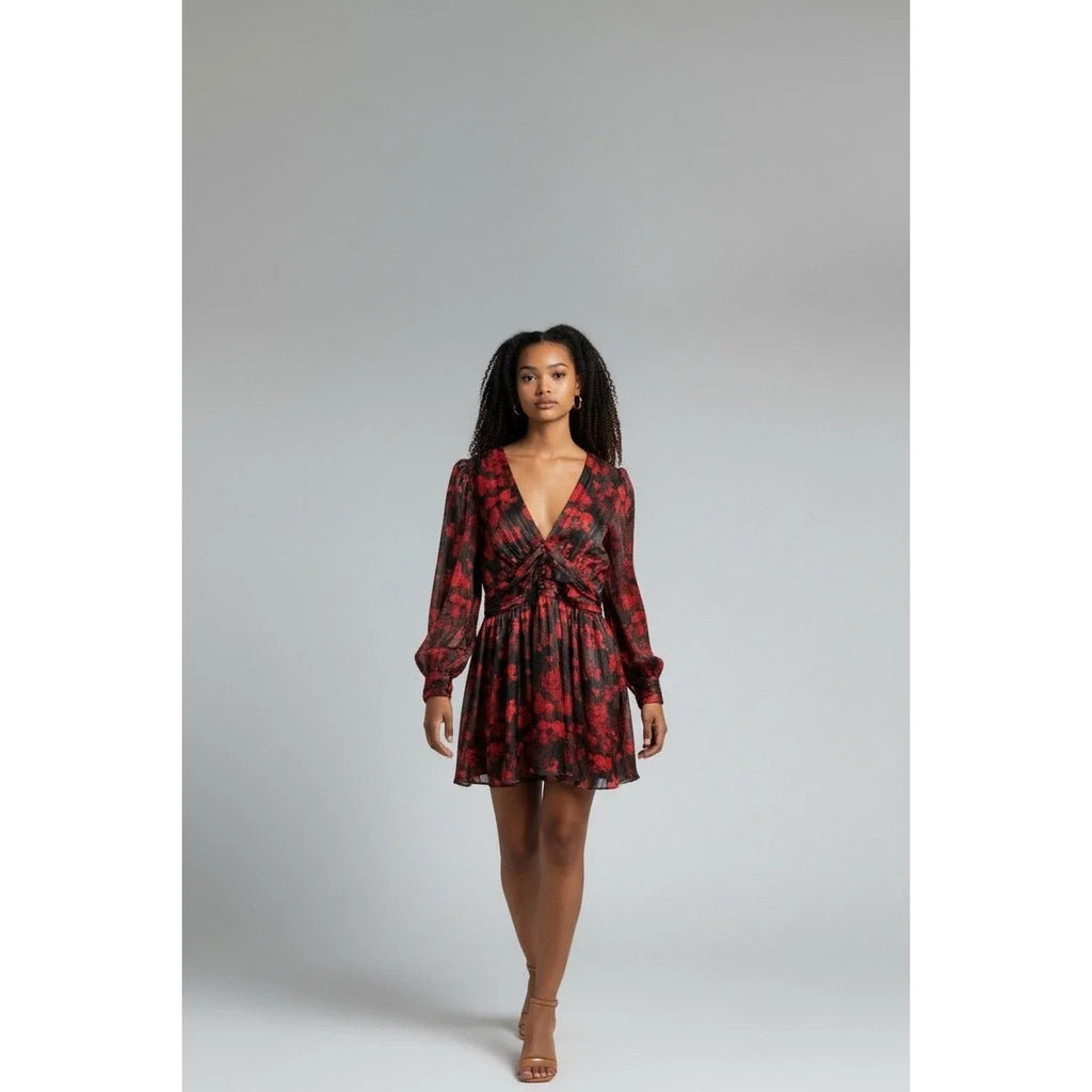 Model wearing Elan red floral ruched-waist mini dress