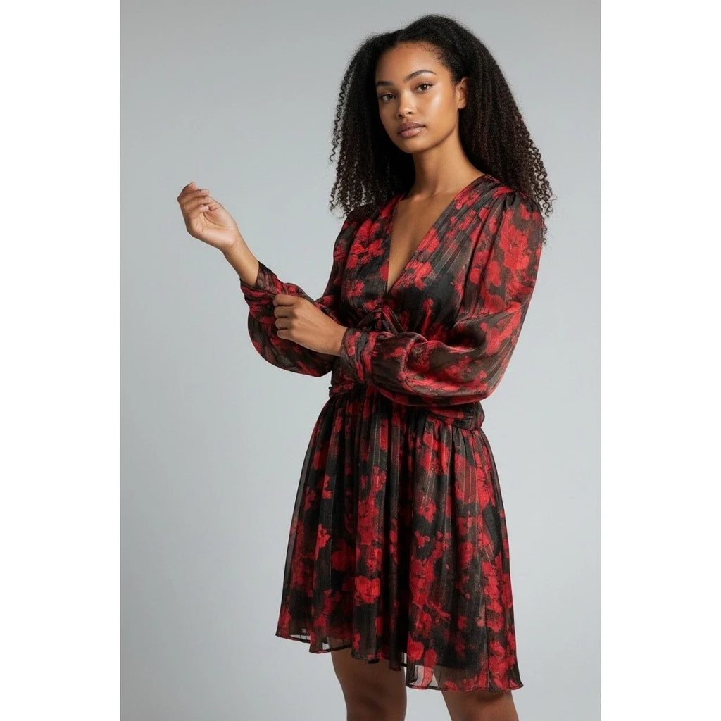Side view of Elan red floral ruched-waist mini dress