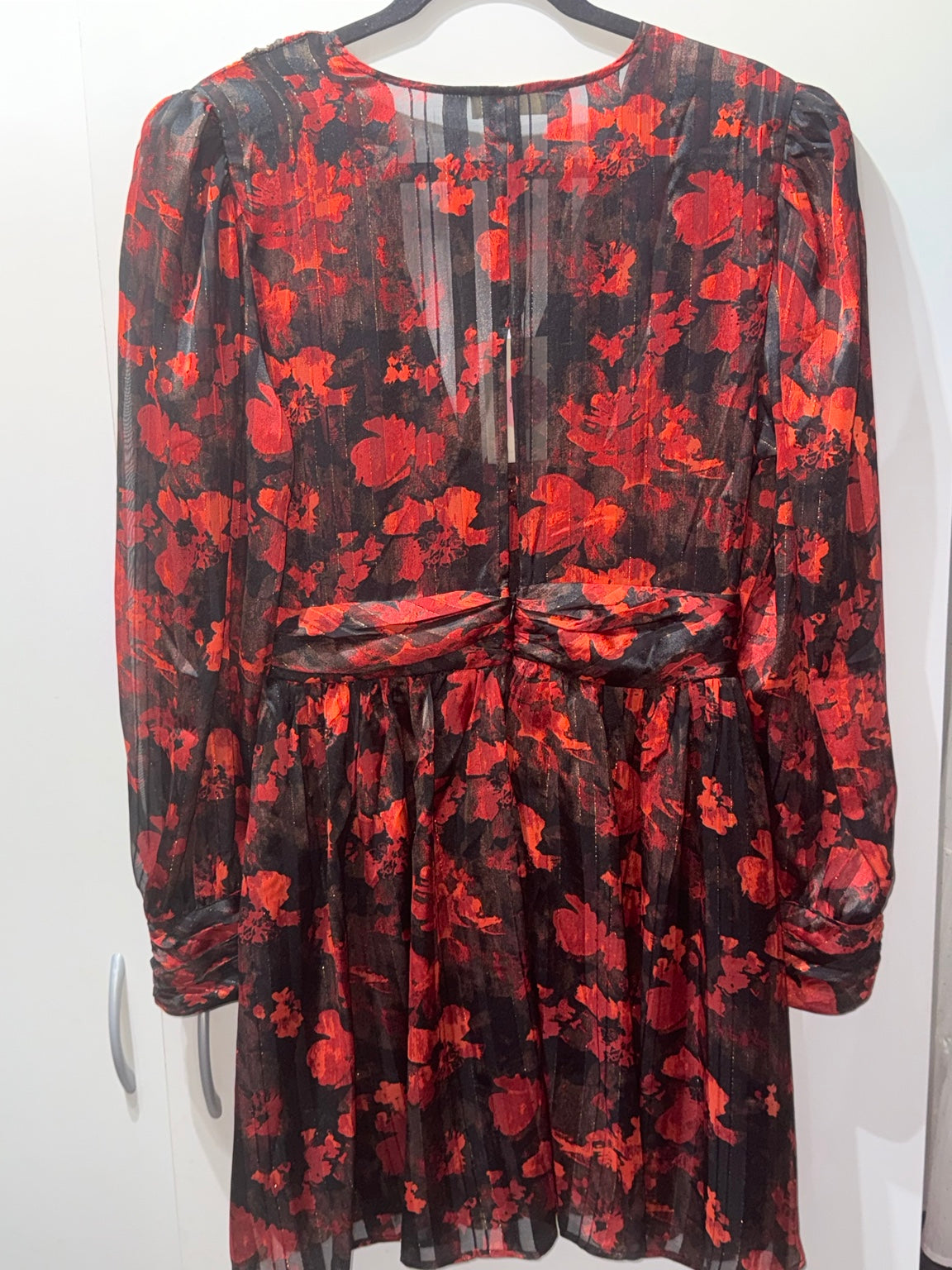 Elan red and black floral ruched-waist mini dress back view