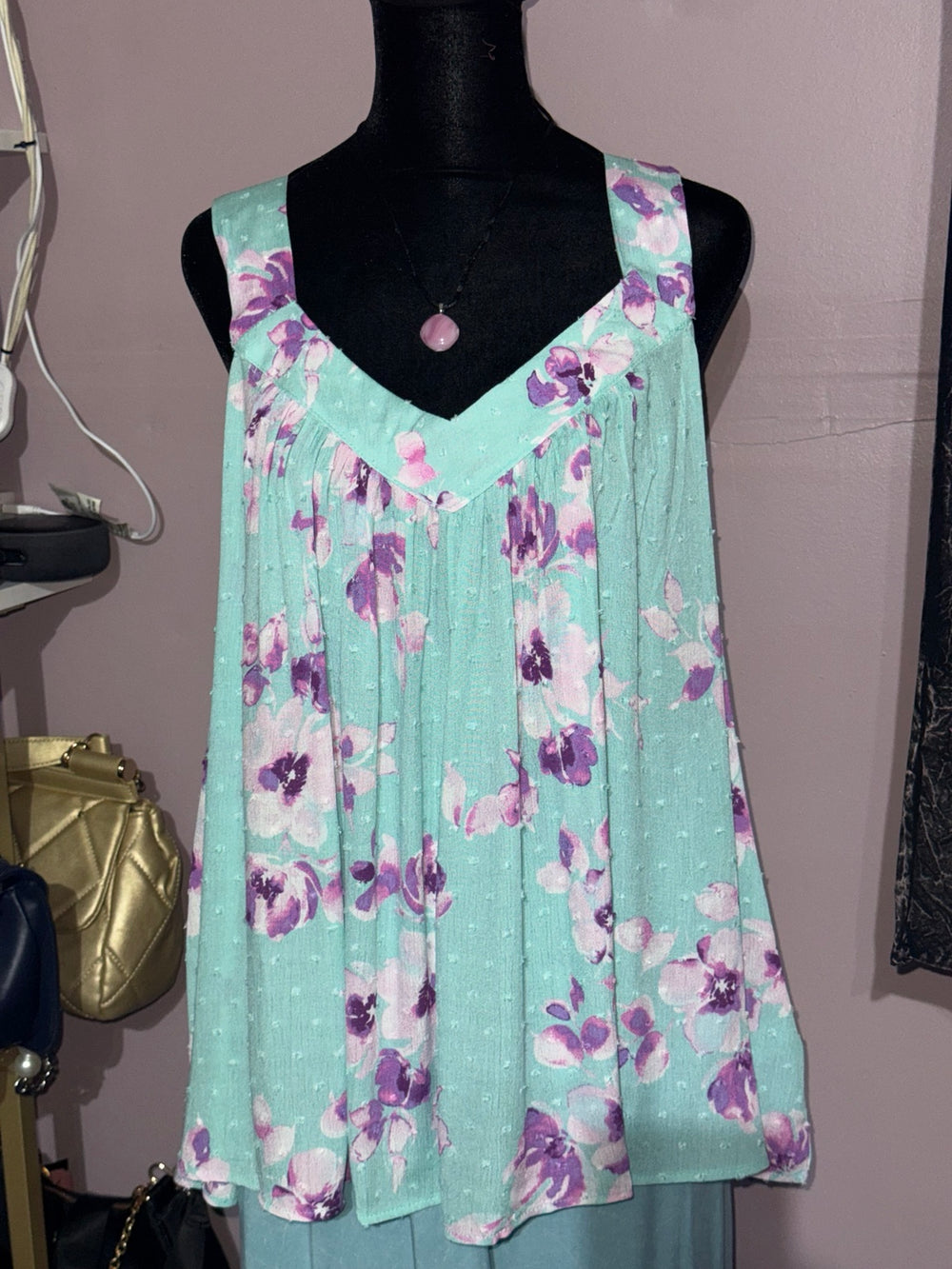 Emily Wonder Plus Aqua Floral Swiss-Dot Swing Tank