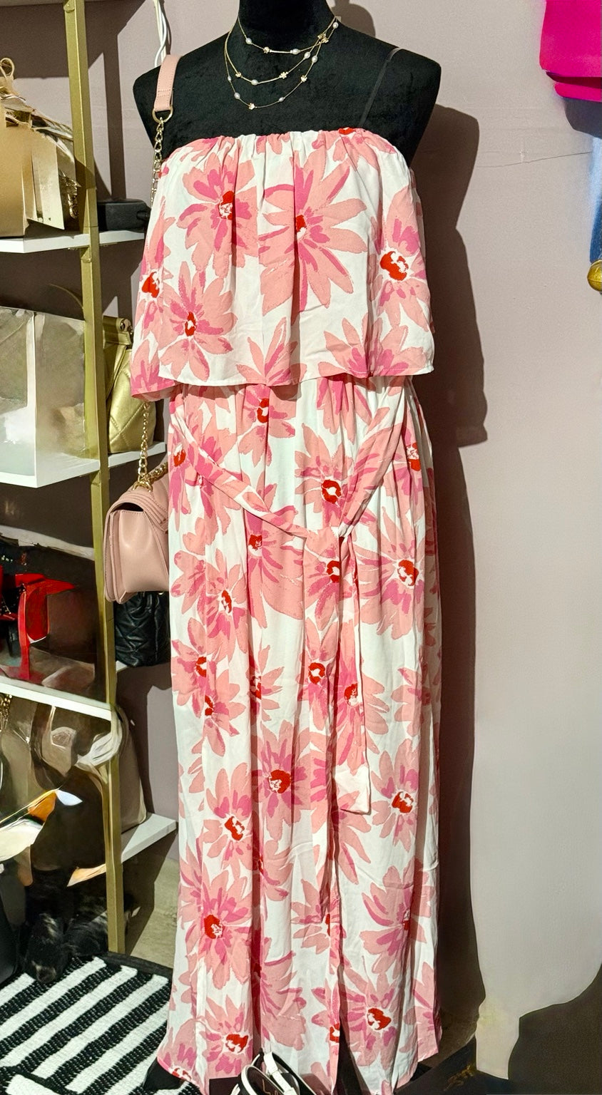 Emily Wonder ivory and pink floral strapless overlay-ruffle maxi dress in size 1X