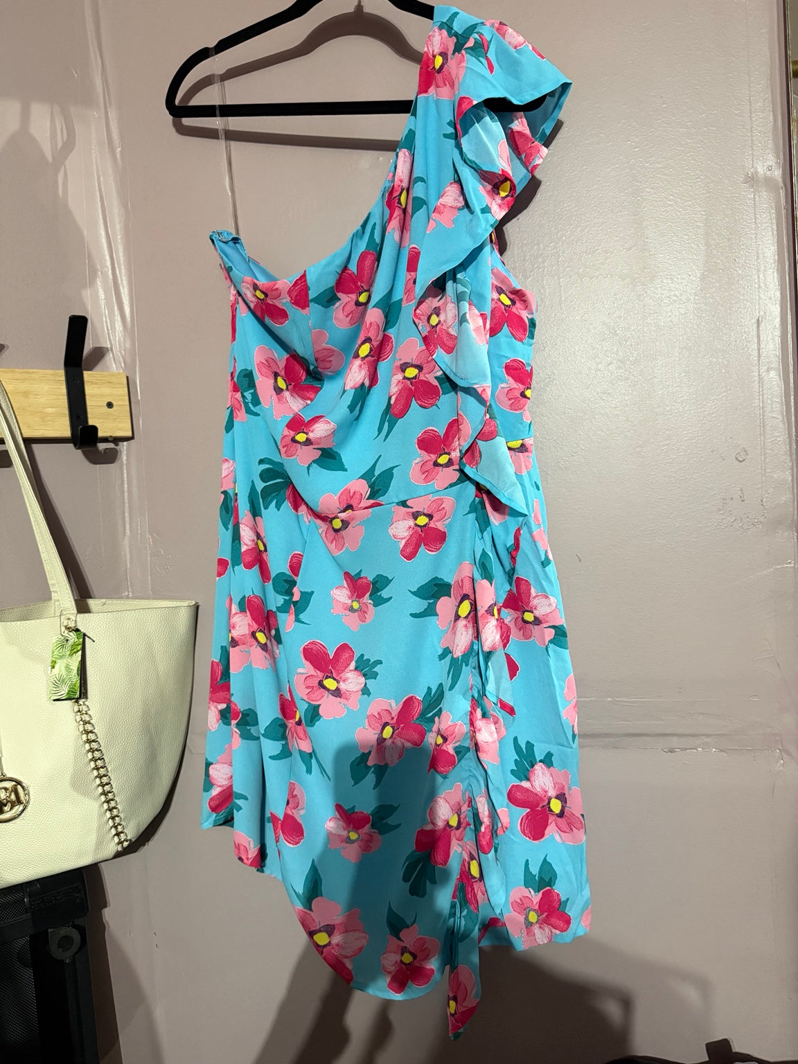 Emily Wonder turquoise floral one-shoulder ruffle dress in size 1X
