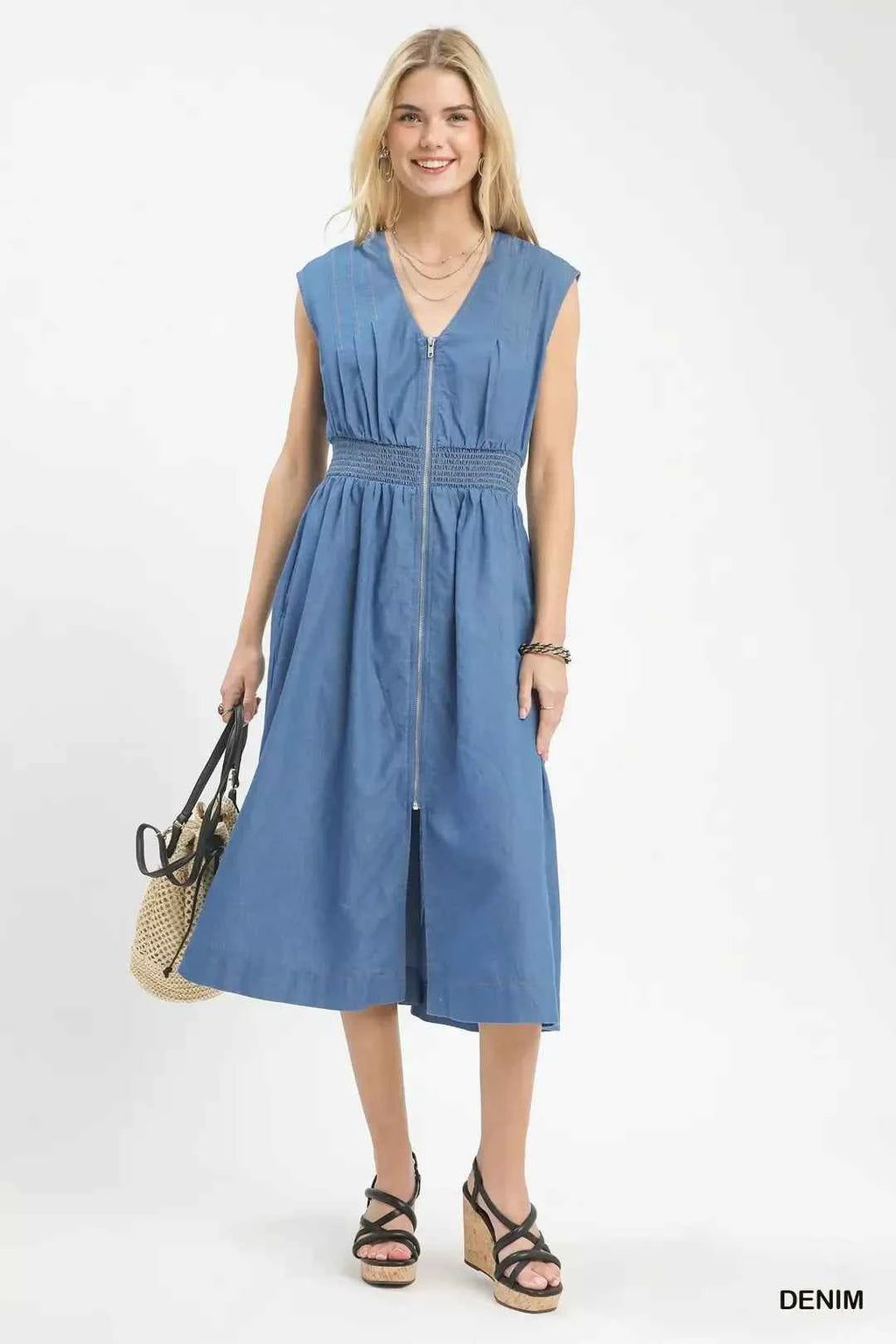 Umgee Denim Sleeveless Zip-Front Smocked Waist Midi Dress