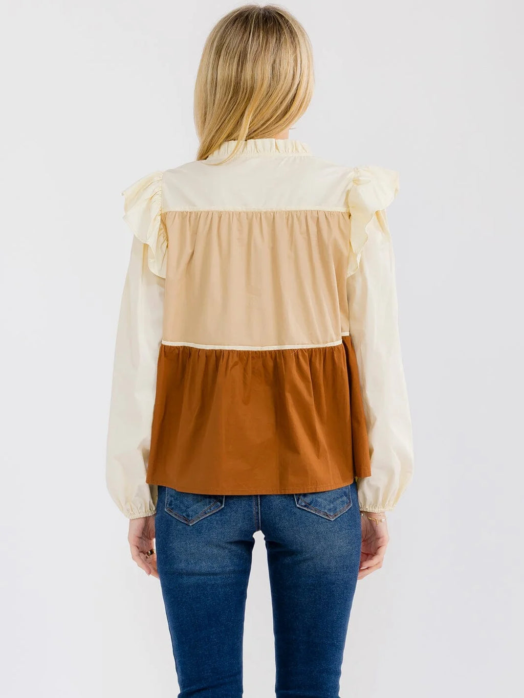 Llovelo ivory beige and camel tiered colorblock blouse back