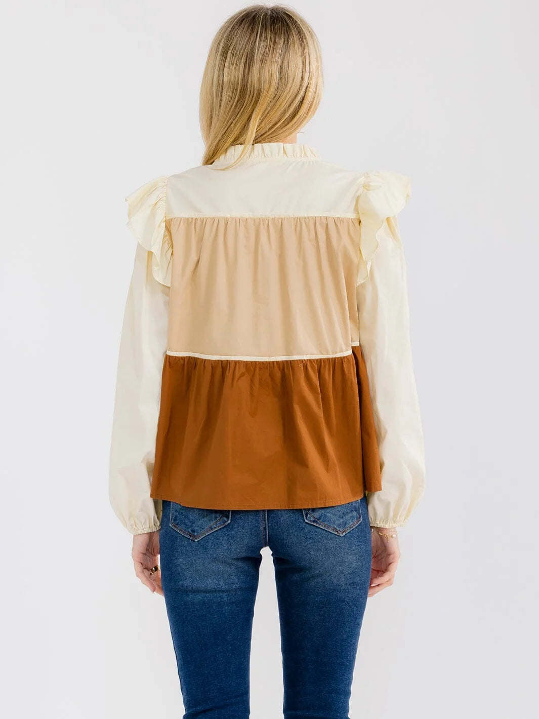 Llovelo ivory beige and camel tiered colorblock blouse back