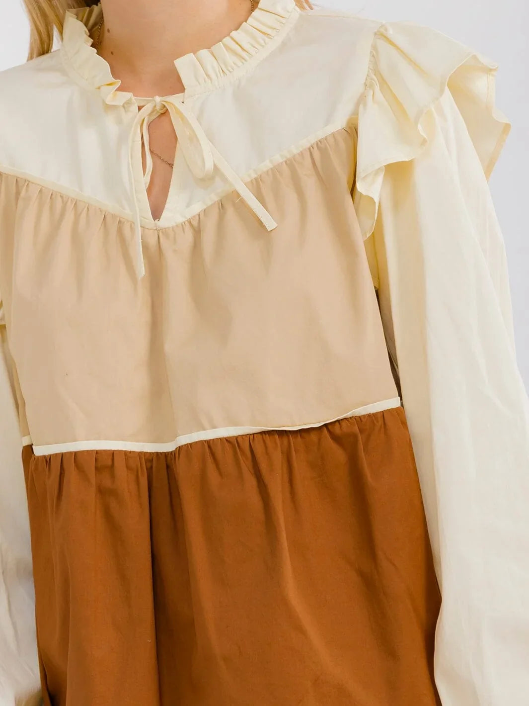 Llovelo cotton tiered colorblock blouse ruffle and tie-neck detail