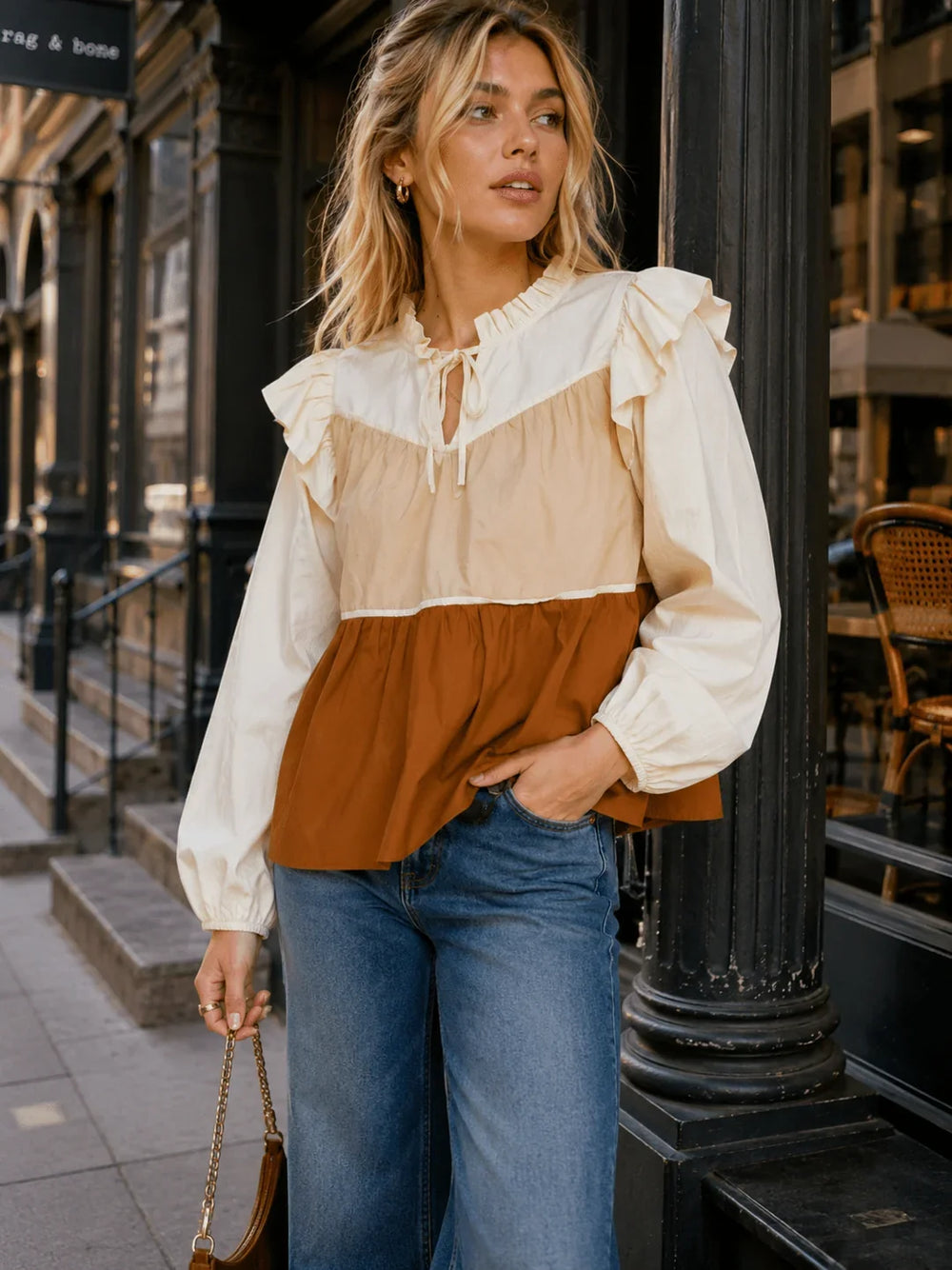Llovelo Cotton Tiered Colorblock Ruffle Blouse