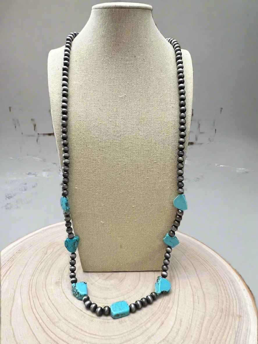 Western Long 48 Inch Faux Turquoise Nugget And Sterling Pearl Necklace