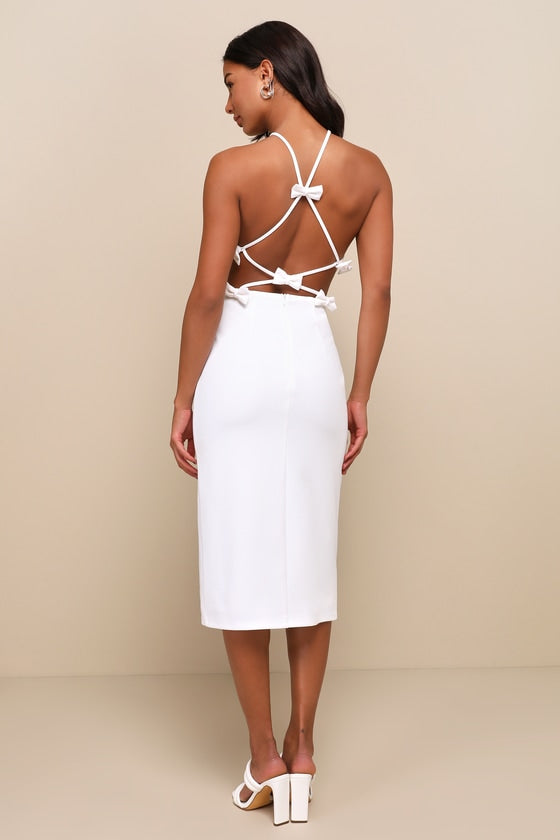 Lulus Glamorous Adornment ivory strappy bow back on model