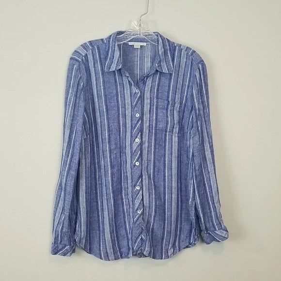Cooper & Emma Blue & White Striped Linen Roll-Tab Blouse