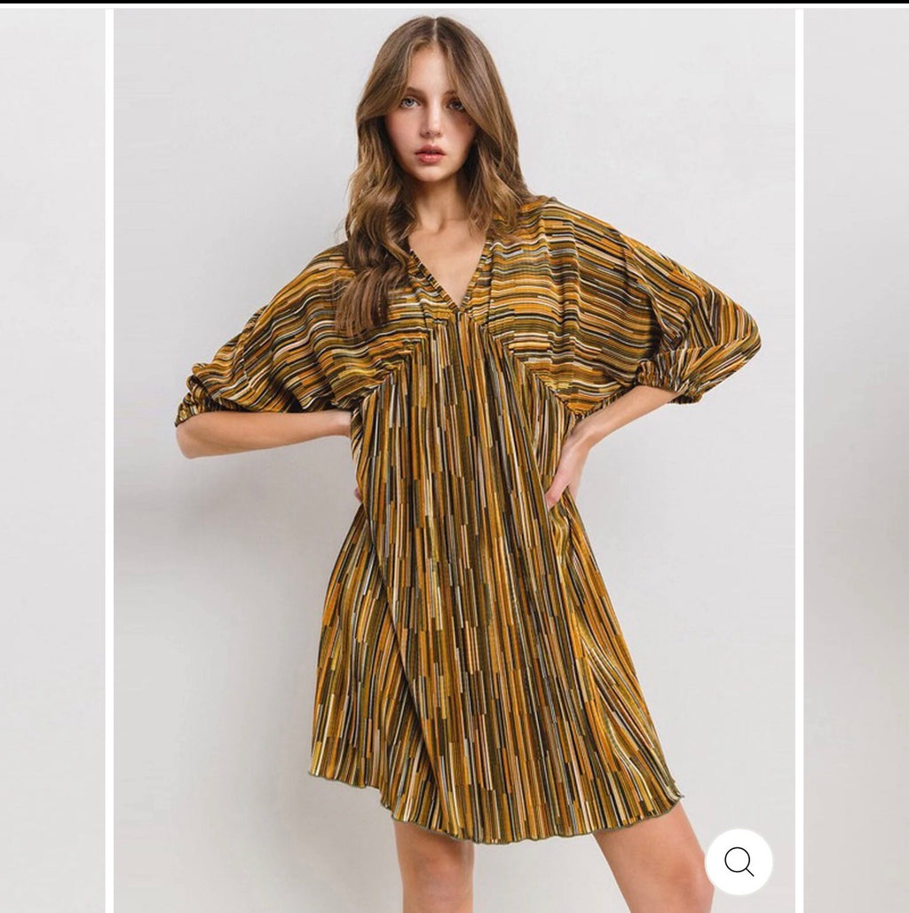 Mustard multistripe oversized tunic mini dress front view