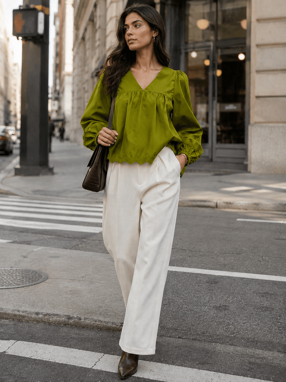 Olive V-Neck Rickrack Trim Blouse