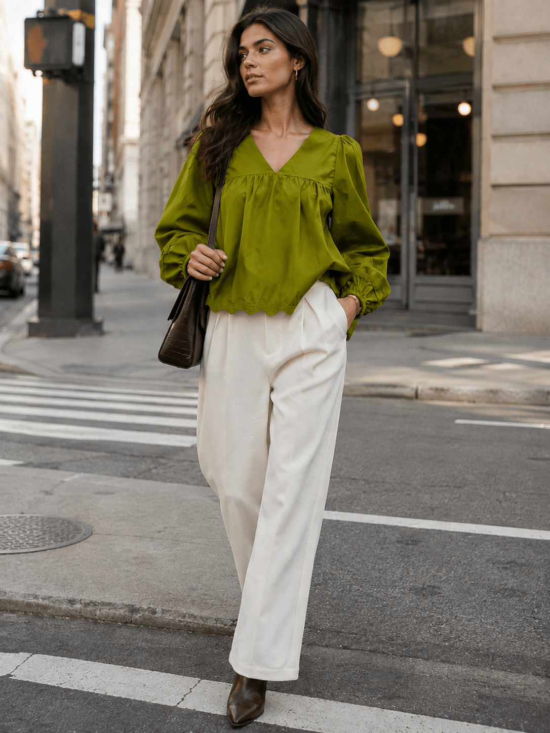 Olive V-neck trim long-sleeve blouse