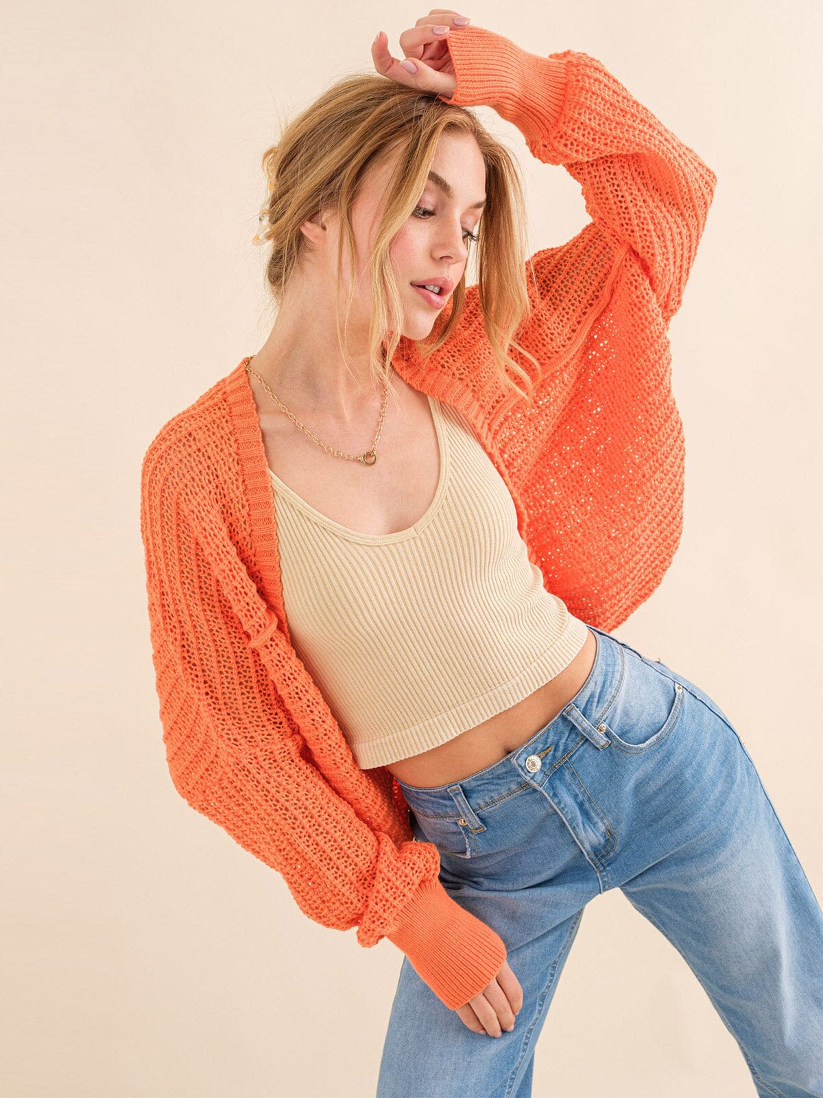 Orange open-front lightweight knit cardigan