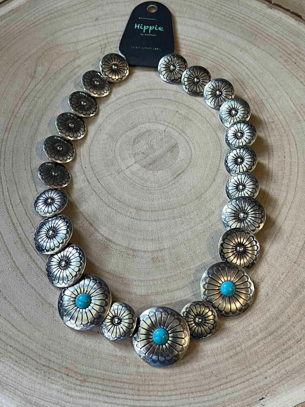 Western Southwestern Overlapping Concho Necklace With Faux Turquoise 18 Inch