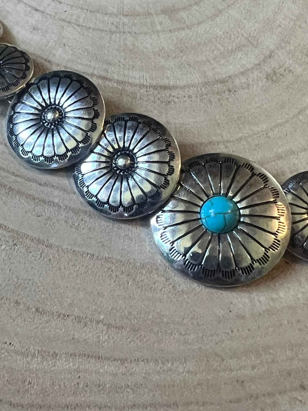 Western Southwestern Overlapping Concho Necklace With Faux Turquoise 18 Inch
