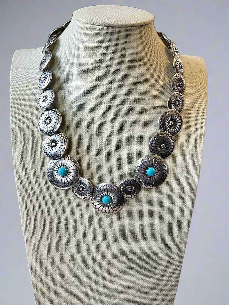 Western Southwestern Overlapping Concho Necklace With Faux Turquoise 18 Inch
