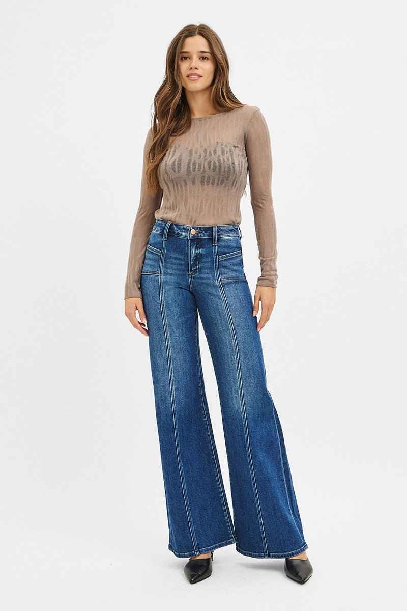 Risen Mid-Rise Front-Seam Wide-Leg Jeans