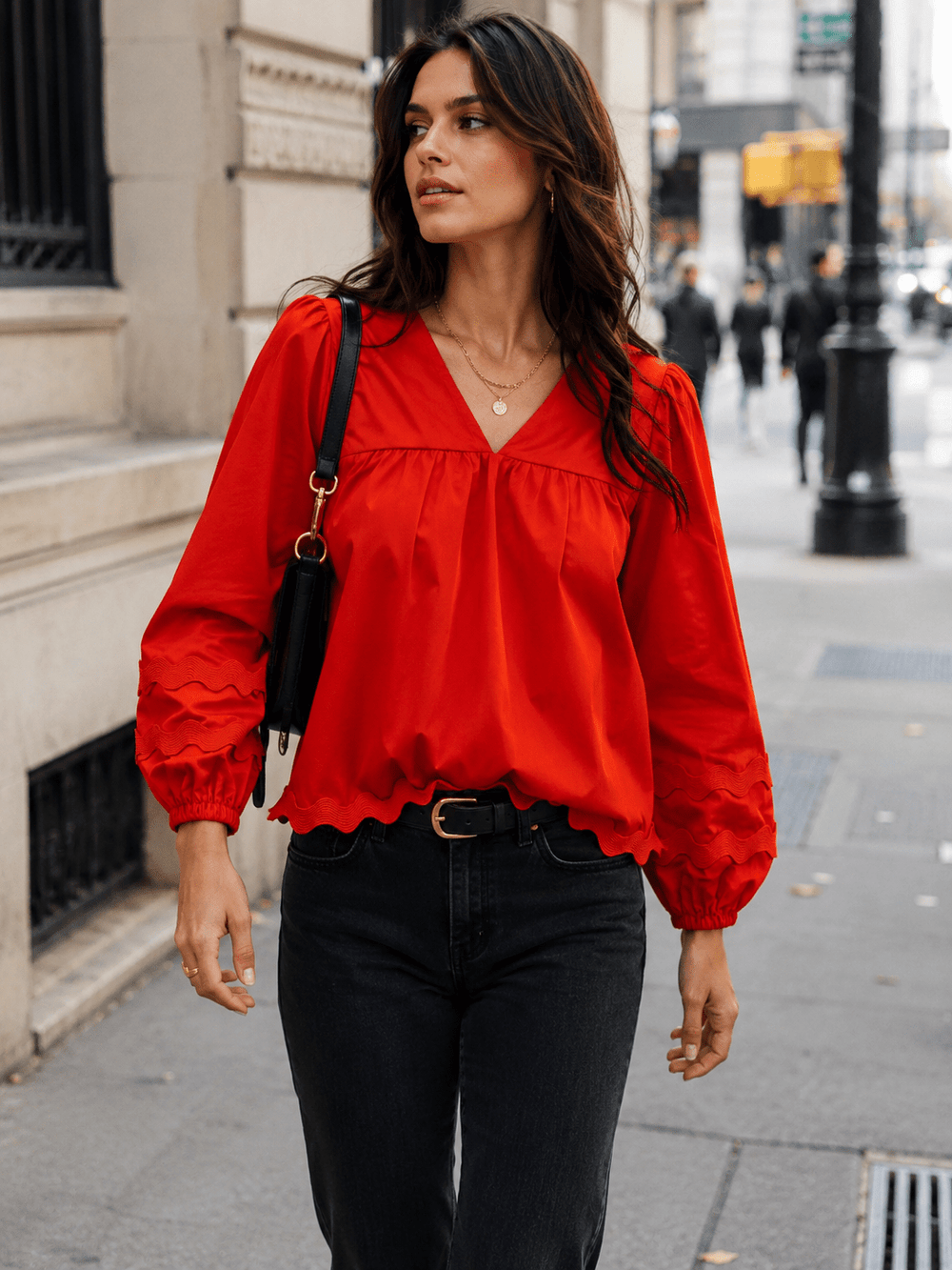 Rust V-Neck Trim Long-Sleeve Blouse