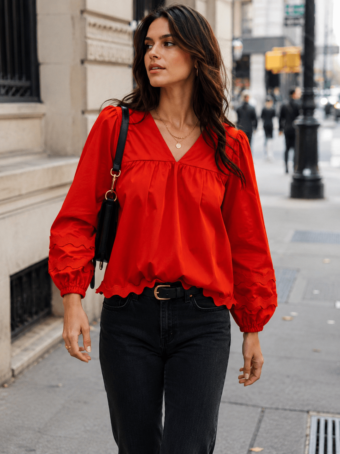 Rust V-neck trim long-sleeve blouse