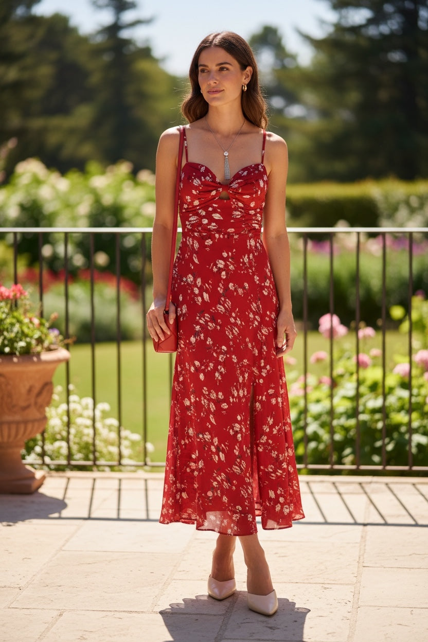 Model wearing Saints + Secrets red abstract print twist-front maxi dress