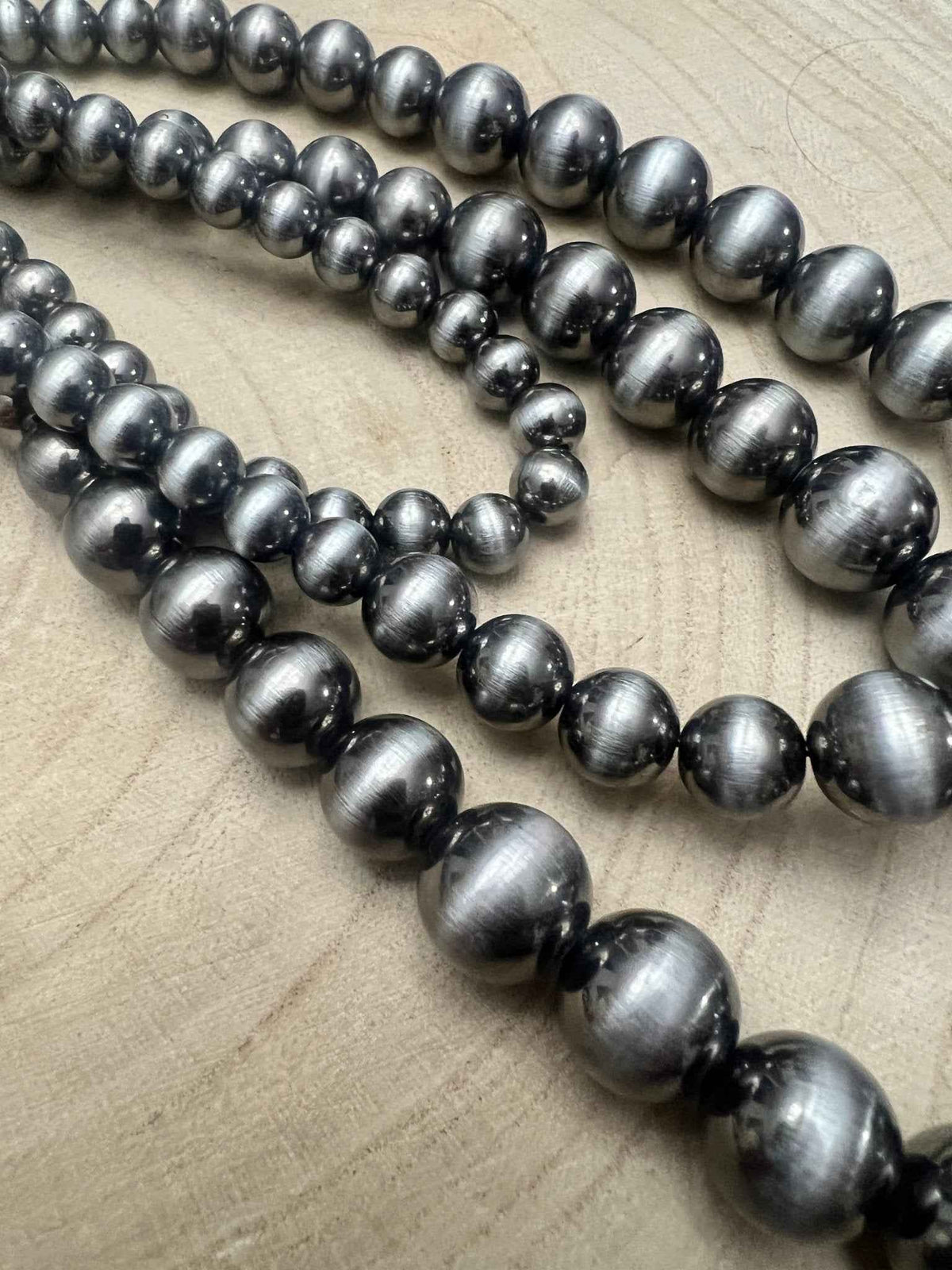 Western Triple Strand Burnished Faux Sterling Pearl Long Layered Necklace
