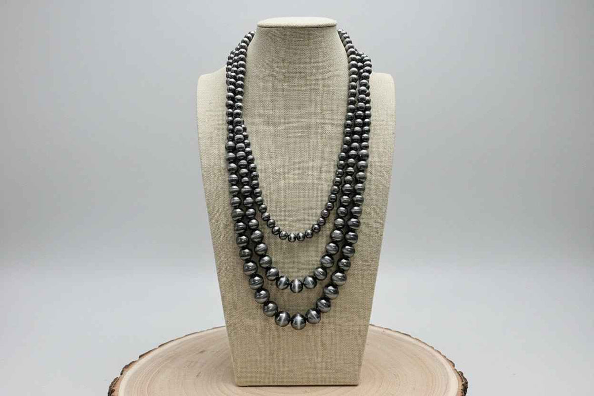 Western Triple Strand Burnished Faux Sterling Pearl Long Layered Necklace