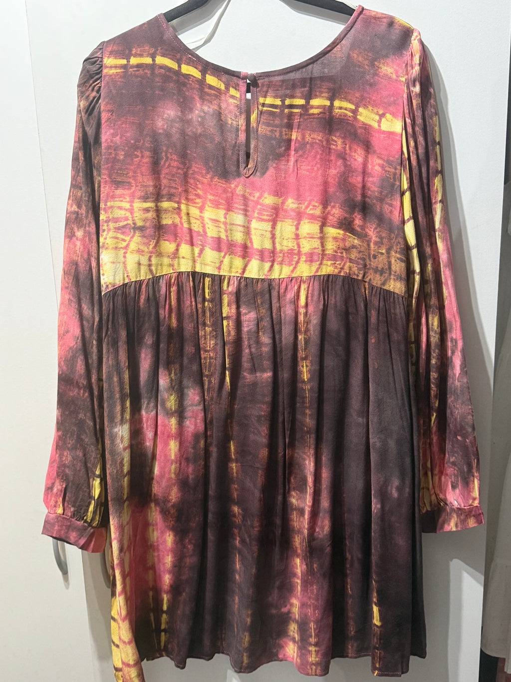 Umgee berry and mustard tie-dye babydoll dress back