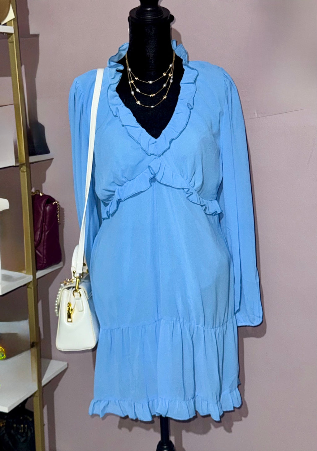 Umgee blue long-sleeve ruffle-trim tiered dress front