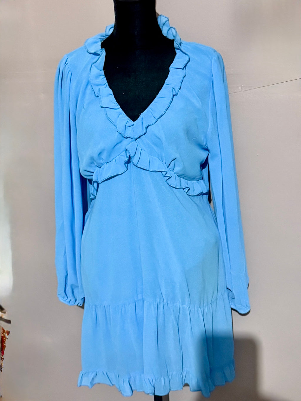 Umgee blue ruffle V-neck tiered mini dress