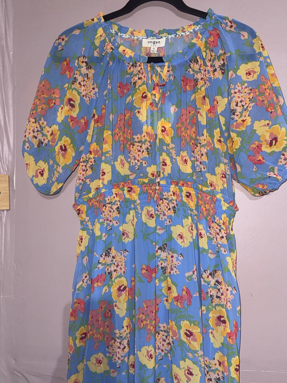 Umgee blue floral midi dress gathered tie neckline and waist detail