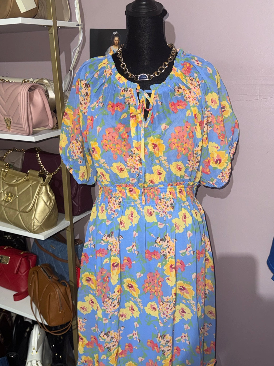 Umgee bright blue floral smocked-waist midi dress front view