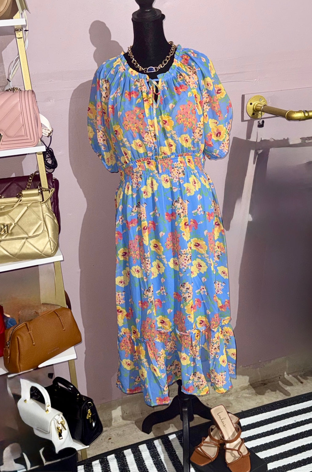 Umgee bright blue multicolor floral smocked-waist midi dress full view