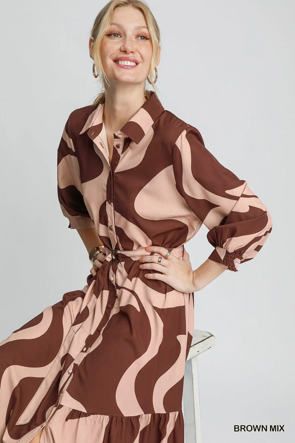 Umgee brown and blush abstract belted midi shirt dress front view