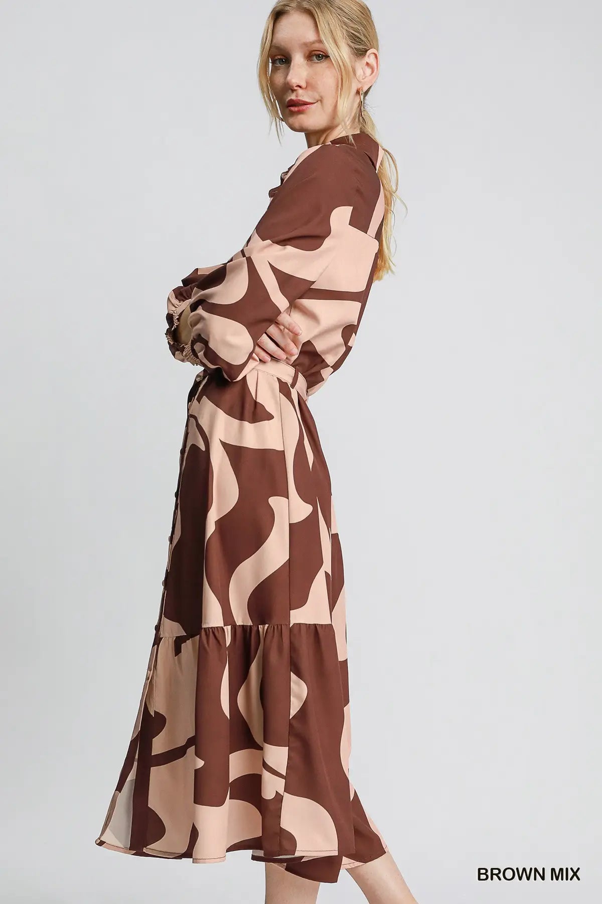 Umgee abstract belted midi shirt dress side view