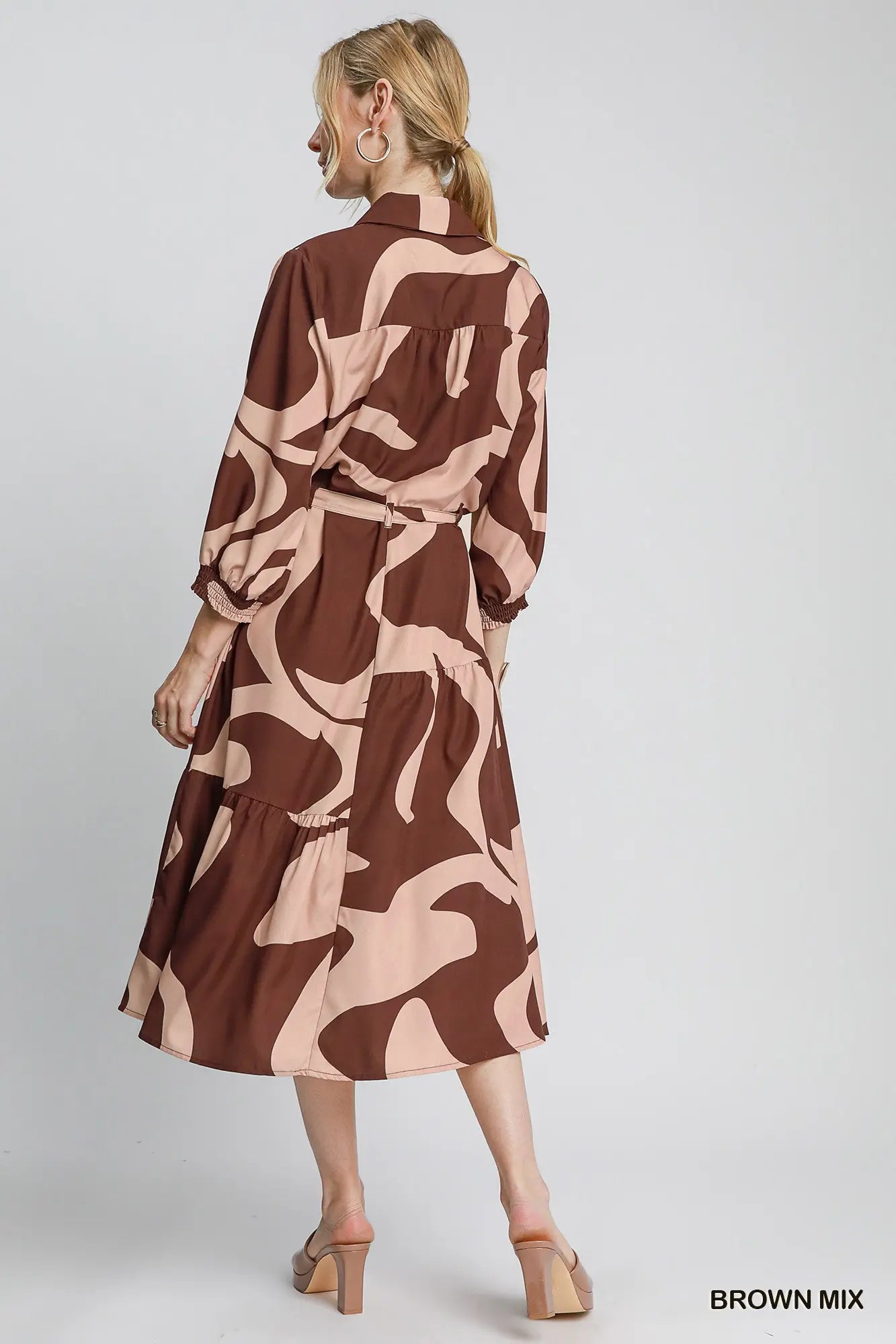 Umgee abstract belted midi shirt dress back view