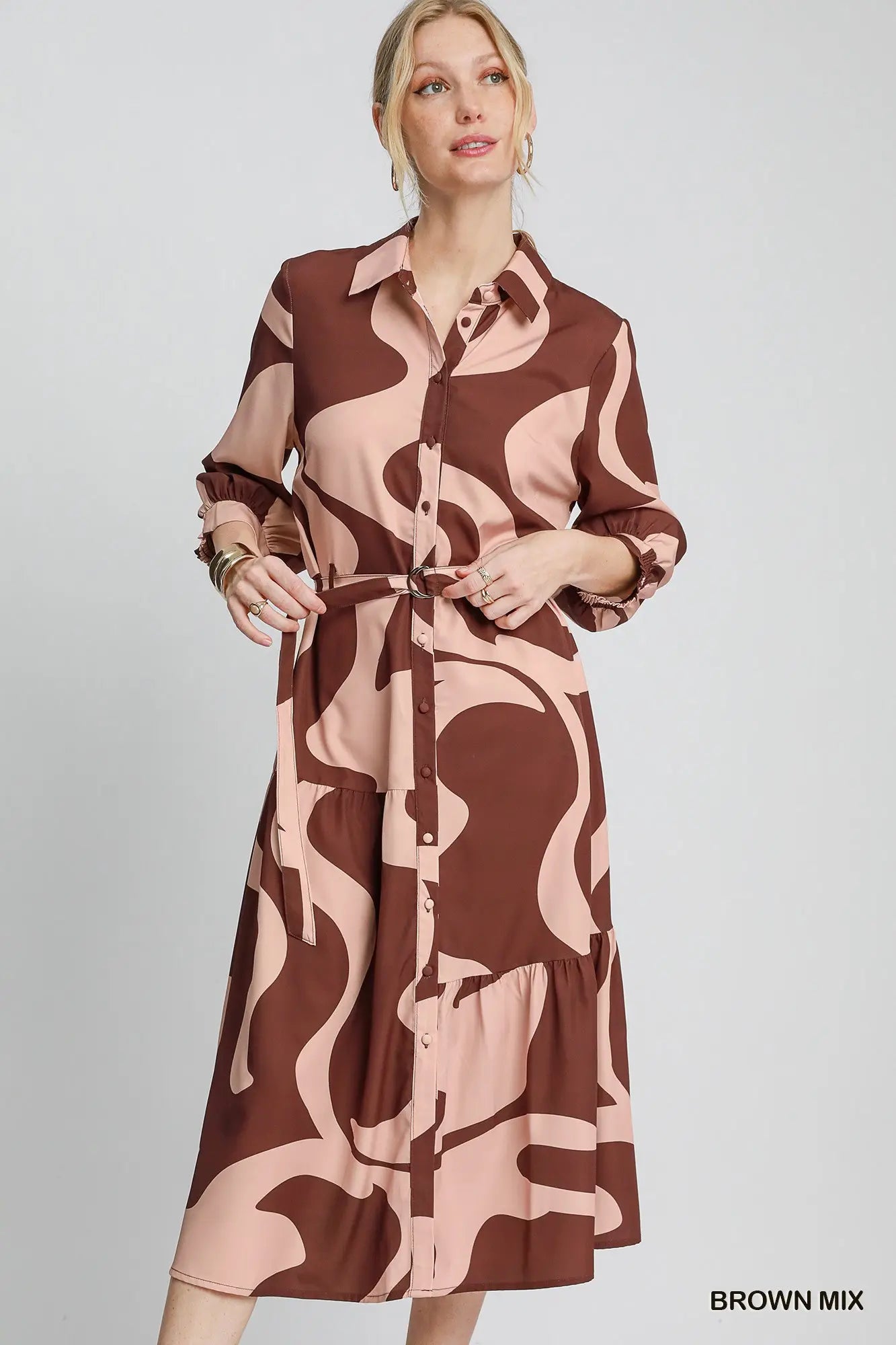 Umgee brown abstract belted midi dress seated view