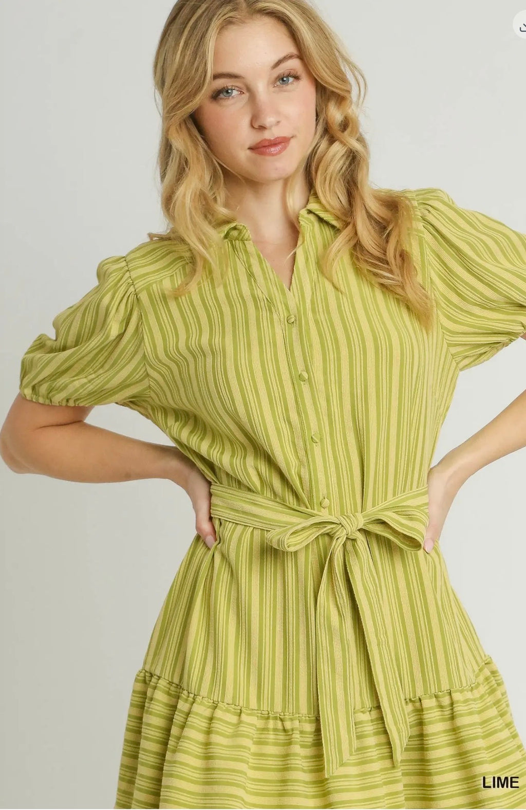 Umgee lime striped shirt dress collar, buttons and tie-waist detail