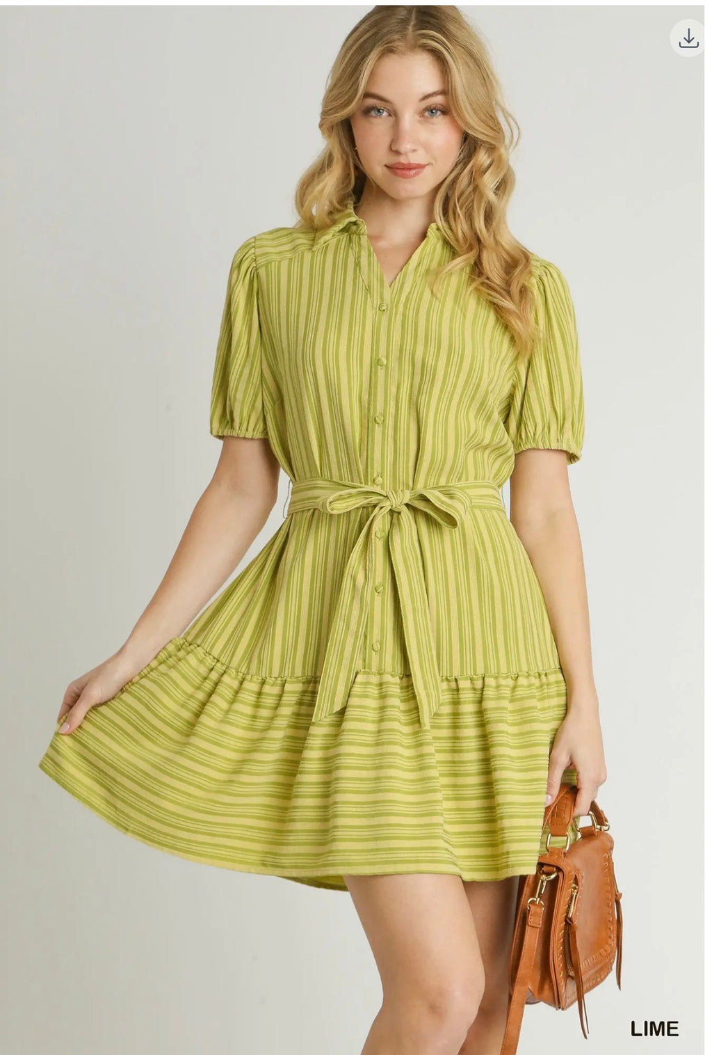 Umgee lime striped tie-waist shirt dress front view