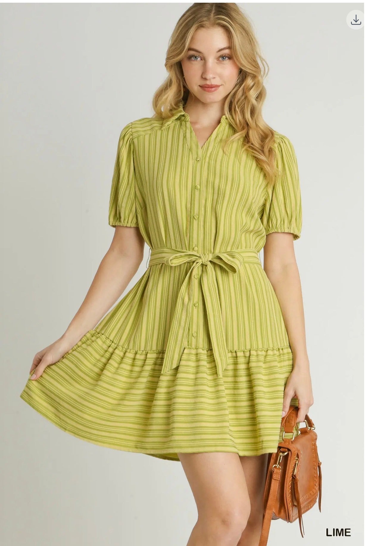 Umgee lime striped tie-waist shirt dress front view