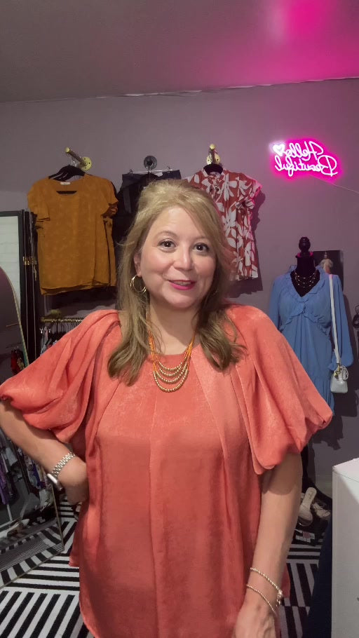 Umgee Sunset satin top pleated front and flutter sleeve detail