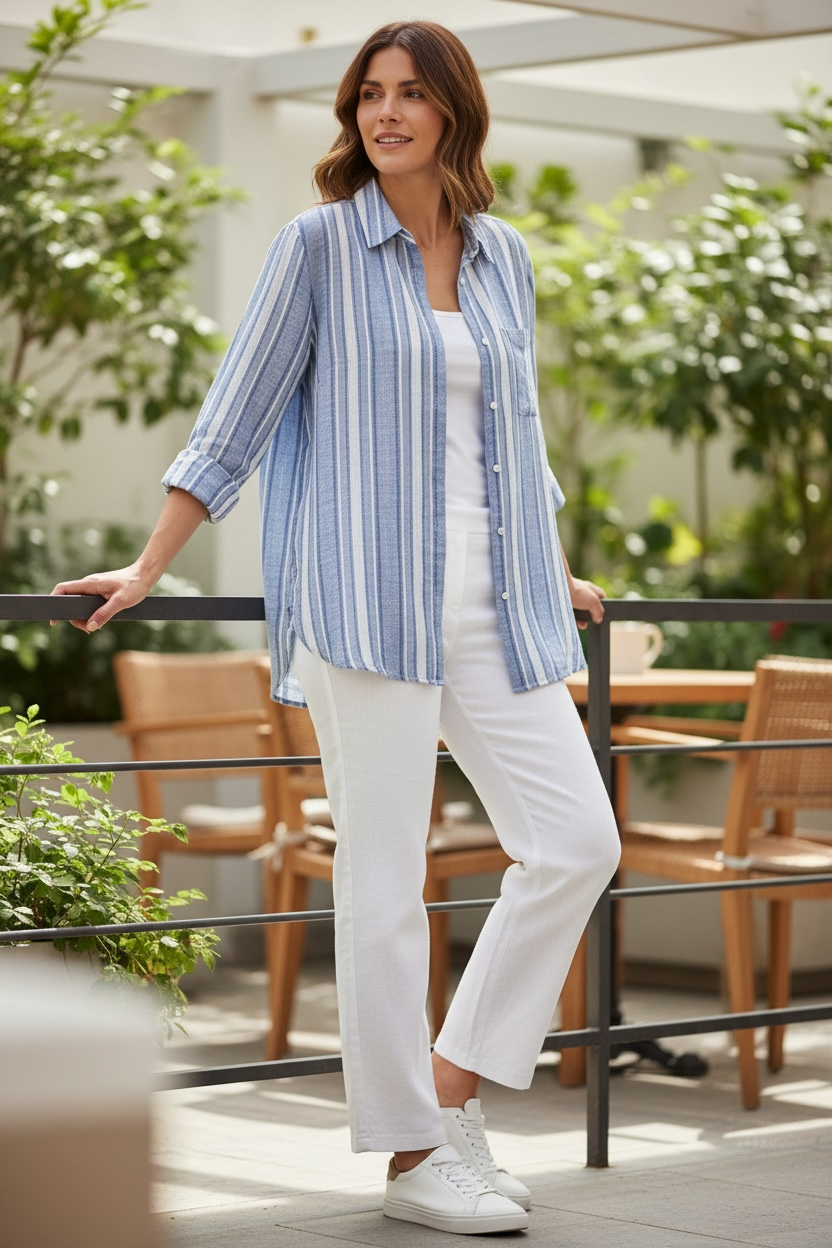 Cooper & Emma Blue & White Striped Linen Roll-Tab Blouse
