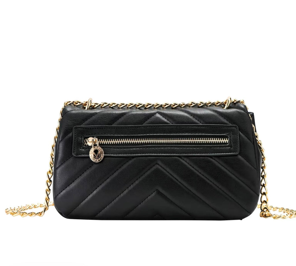 Back of Valentino Orlandi black quilted crossbody with zip pocket